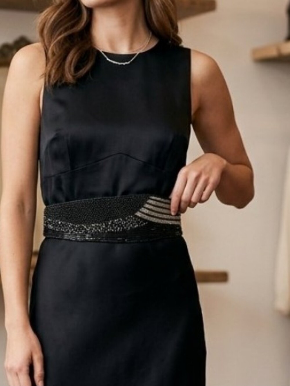 Vintage Black Beaded Belt with Silver Bead Accents